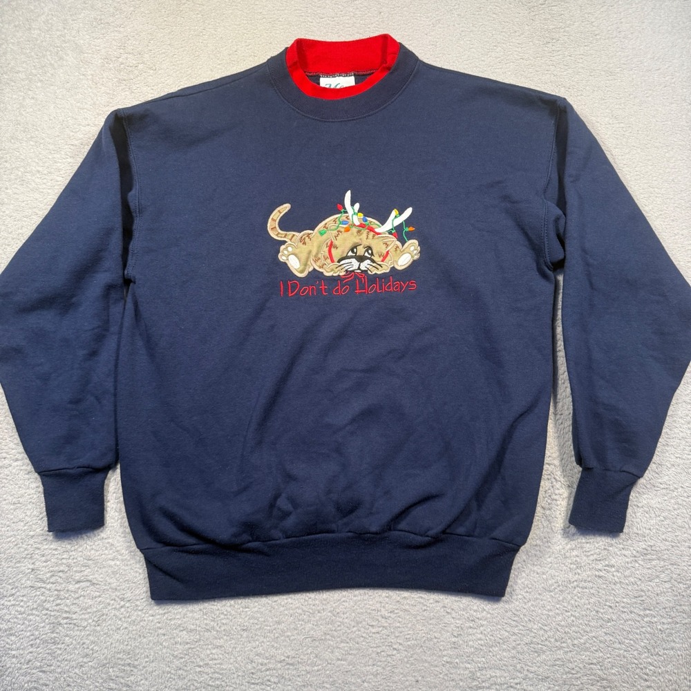 Vintage 90s Navy Blue‎ Cat I Dont Do Holidays Embroidered Mock Neck Sweatshirt M